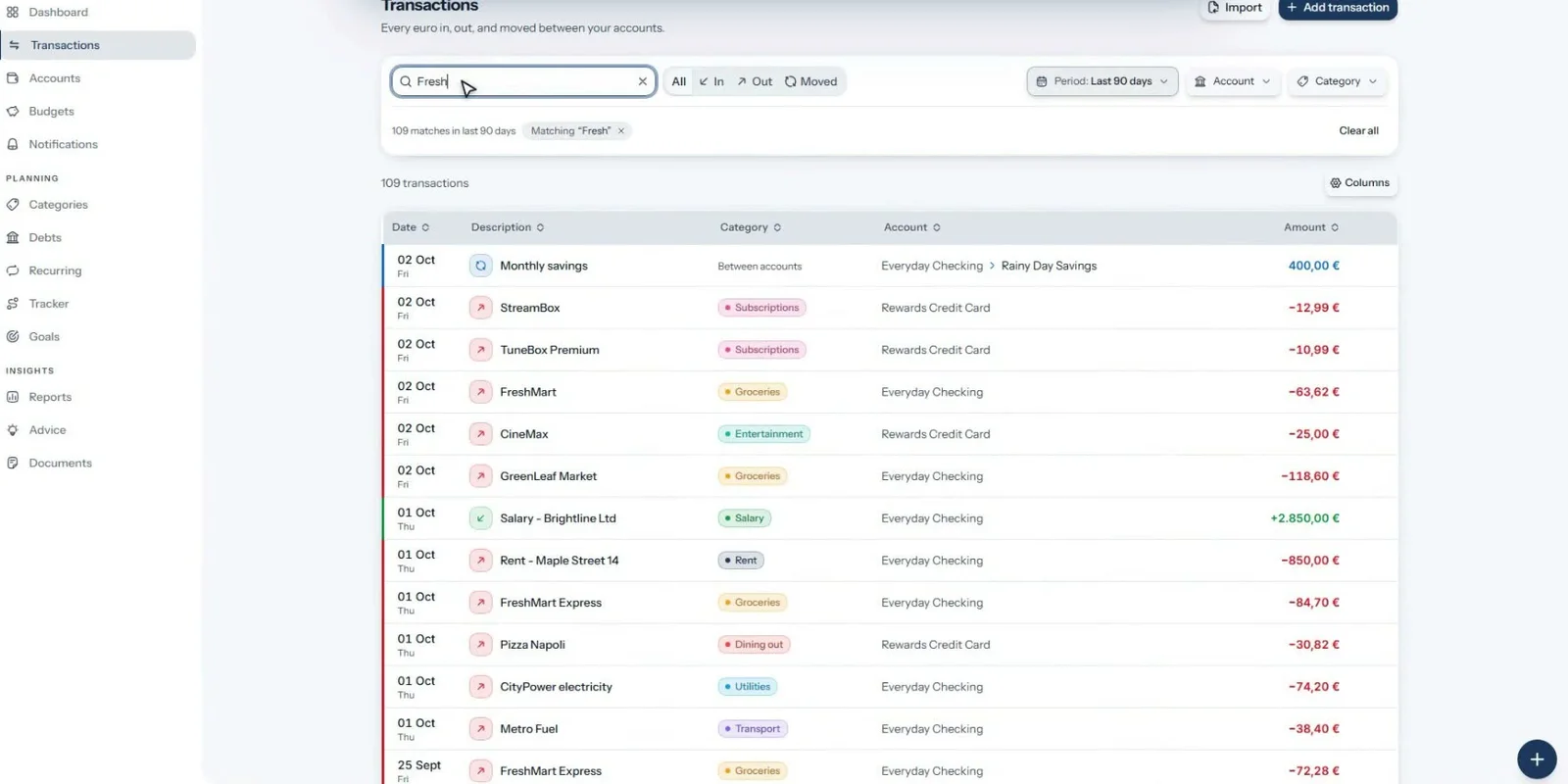 Transactions list with filters